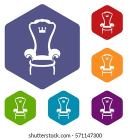 King throne chair icons set rhombus in different colors isolated on white background