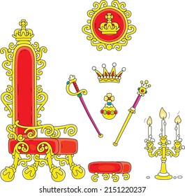 King throne, a golden crown and other royal regalia, vector cartoon illustration isolated on a white background