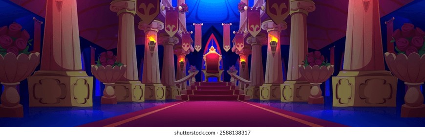 King throne in night royal palace. Vector cartoon illustration of dark medieval ballroom, luxury armchair in hall with red carpet, torch fire on marble pillars, vases with flowers, castle interior