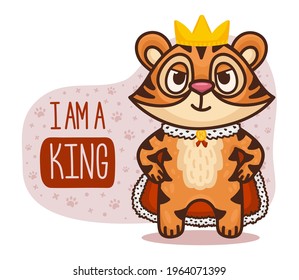King tiger cartoon character. Vector illustration for children products.