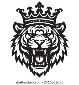 King tiger crown , Tiger head black and white illustration