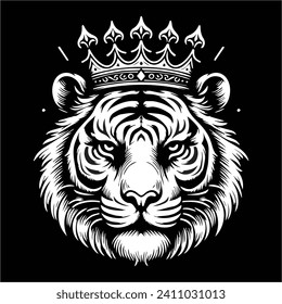 king tiger head , crown tiger head,  Crown tiger head black and white illustration