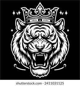 king tiger head , crown tiger head,  Roaring tiger crown head illustration