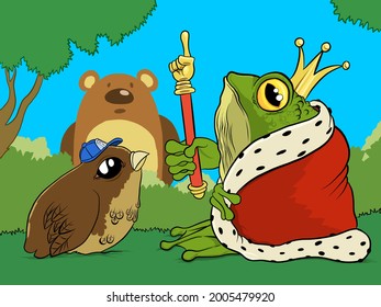a King Toad with a bird and and bear in the forest. Vector Illustration