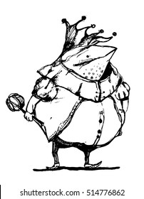 The King. Toad in the crown. Frog Prince with Crown. Black and white background. Vector drawing lines, frog in doodle style.