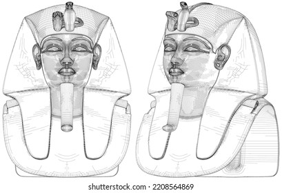 King TUT Little Egyptian King Tutankhamun Vector 02. Isolated Egyptian Pharaoh Tutankhamun's Funeral Mask On White Background.