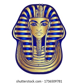 Máscara del rey Tutankhamun, antiguo faraón egipcio. Ilustración de contorno vectorial de vintage dibujada a mano. Lámpara de tatuaje, diseño de camisetas o afiches, postal, página de libro de colorear. Historia de Egipto. 