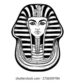 King Tutankhamun mask, ancient Egyptian pharaoh. Hand-drawn vintage  vector outline illustration. Tattoo flash, t-shirt or poster design, postcard, coloring book page. Egypt history. 