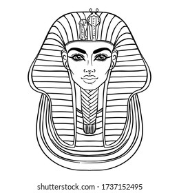 Máscara del rey Tutankhamun, antiguo faraón egipcio. Ilustración de contorno vectorial de vintage dibujada a mano.  Historia de Egipto. 