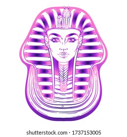 King Tutankhamun mask, ancient Egyptian pharaoh. Hand-drawn vintage  vector outline illustration.  Egypt history. 