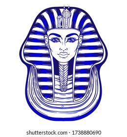 Máscara del rey Tutankhamun, antiguo faraón egipcio. Ilustración de contorno vectorial de vintage dibujada a mano. Lámpara de tatuaje, diseño de camisetas o afiches, postal, página de libro de colorear. Historia de Egipto. 