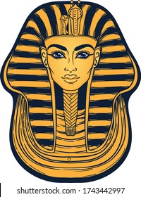 Máscara del rey Tutankhamun, antiguo faraón egipcio. Ilustración de contorno vectorial de vintage dibujada a mano. Lámpara de tatuaje, diseño de camisetas o afiches, postal. Historia de Egipto. 