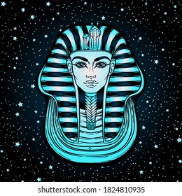 King Tutankhamun mask, ancient Egyptian pharaoh. Hand-drawn vintage  vector outline illustration. Tattoo flash, t-shirt or poster design, postcard, coloring book page. Egypt history. 