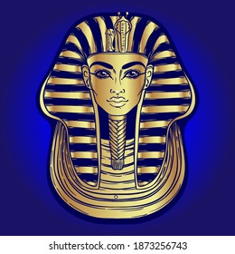 King Tutankhamun mask, ancient Egyptian pharaoh. Hand-drawn vintage  vector outline illustration. Tattoo flash, t-shirt or poster design, postcard, coloring book page. Egypt history. 