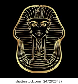 King Tutankhamun mask, ancient Egyptian pharaoh. Hand-drawn vintage vector outline illustration in gold over black. Egyptian sacred wall art logo design.