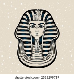 King Tutankhamun mask, ancient Egyptian pharaoh. Hand-drawn vintage vector outline illustration. Tattoo flash, t-shirt or poster design, postcard, book. Egypt history.