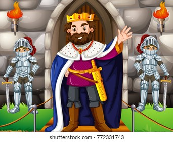 King and two knights at the castle illustration