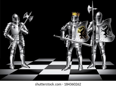 King and two knights. on a chessboard on a black background