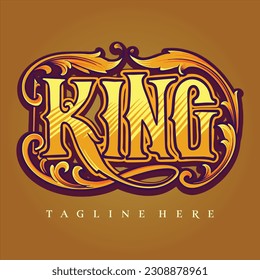 King typeface with vintage engraving petal ornament illustrations vector illustrations for your work logo, merchandise t-shirt, stickers and label designs, poster, greeting cards advertising business 