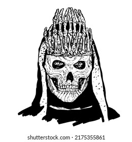 King of the undead in a bone crown. Idea for a tattoo. Vector linear illustration.