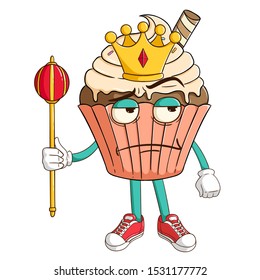 King of vanilla cupcake cartoon character holding the king stick with funny thinking expression