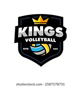 King Volleyball club badge design. Vector illustration. For college league sport club emblem, sign, logo. Vintage label, sticker, patch with volleyball ball in white background.