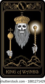 King of Wands. Card of Minor arcana black and gold tarot cards. Tarot deck. Vector hand drawn illustration with skulls, occult, mystical and esoteric symbols.