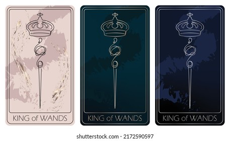 King of Wands. A card of Minor arcana one line drawing tarot cards. Tarot deck. Vector linear hand drawn illustration with occult, mystical and esoteric symbols. 3 colors. Proposional to 2,75x4,75 in.