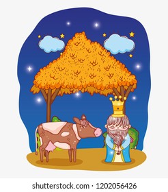 king wearing crown with cow and manger with stars