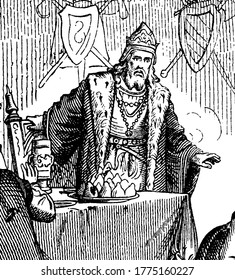 A king wearing crown and long chains on his neck, vintage line drawing or engraving illustration.
