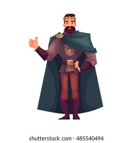 king wearing crown and mantle, cartoon vector illustration isolated in white background. king - tall and slim young white skinned, kind and happy