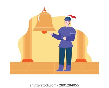 A king wearing a crown and red robe standing and holding a sword in front of a medieval castle. Character design. Vector flat illustration