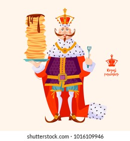 King wearing a crown and royal mantle, holds a stack of pancakes. Happy pancake Day! Vector illustration