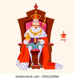 King wearing a crown and royal mantle, sitting on a throne. Vector illustration.