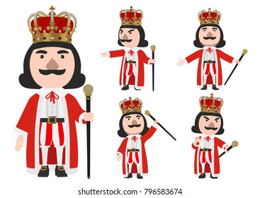 King wearing crown stand on the white background with Cane, vector Illustration