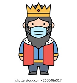king wearing mask sick disease flat color vector illustration template design