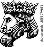 A king wearing a medieval crown, mascot head or face. Original illustration in a vintage woodcut style.