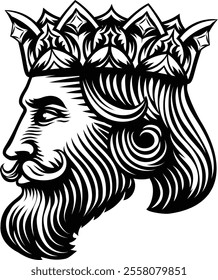 A king wearing a medieval crown, mascot head or face. Original illustration in a vintage woodcut style.