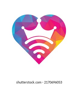 Concepto de forma cardíaca King Wifi modelo Vector de logotipo. Plantilla de logotipo de vectores de corona y wifi.