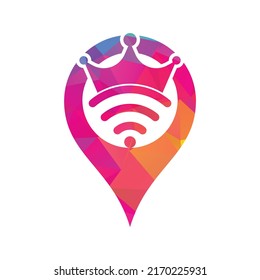 King Wifi map pin shape concept Logo template Vector. Crown and wifi vector logo template.
