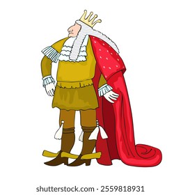 King in wig and robe, mantle. Humor drawing of arrogant dictator, red mantle, gold crown.