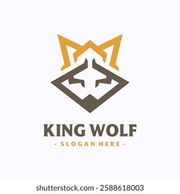 King Wolf logo design template. Elegant crown with wolf head concept. Creative vector symbol.