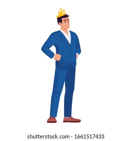 King of world feeling metaphor semi flat RGB color vector illustration. Satisfied businessman in golden crown isolated cartoon character on white background. Goal achievement, personal success concept
