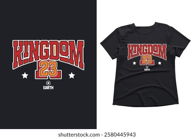 kingdom, 23, earth, graphic, t-shirt, design, typography, sports, vintage, retro, bold, red, black, white, stars, number, apparel, fashion, trendy, stylish, casual, streetwear, graphic tee