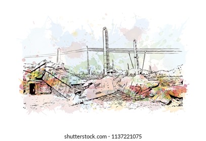The Kingdom of Aksum was an ancient kingdom in what is now northern Ethiopia and Eritrea. Watercolor splash with Hand drawn sketch illustration in vector.