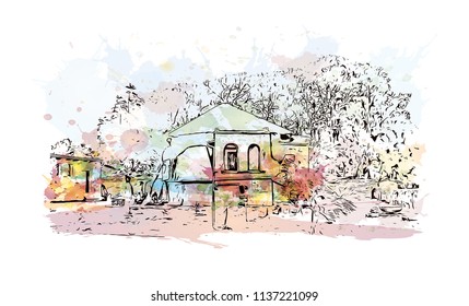 The Kingdom of Aksum was an ancient kingdom in what is now northern Ethiopia and Eritrea. Watercolor splash with Hand drawn sketch illustration in vector.