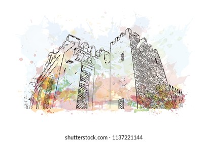 The Kingdom of Aksum was an ancient kingdom in what is now northern Ethiopia and Eritrea. Watercolor splash with Hand drawn sketch illustration in vector.