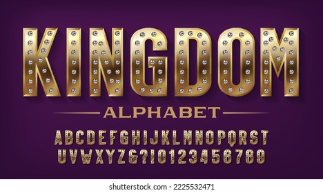 Kingdom alphabet font. Golden metal letters and numbers with diamonds. Stock vector typeface for your design.