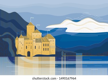 Kingdom architecture building or fairytale palace tower. Swamp-yellow  medieval castles flat cartoon style, vector illustration on blue 
mountain background with lake