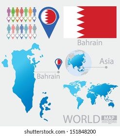Kingdom of Bahrain. flag. Asia. World Map. vector Illustration.